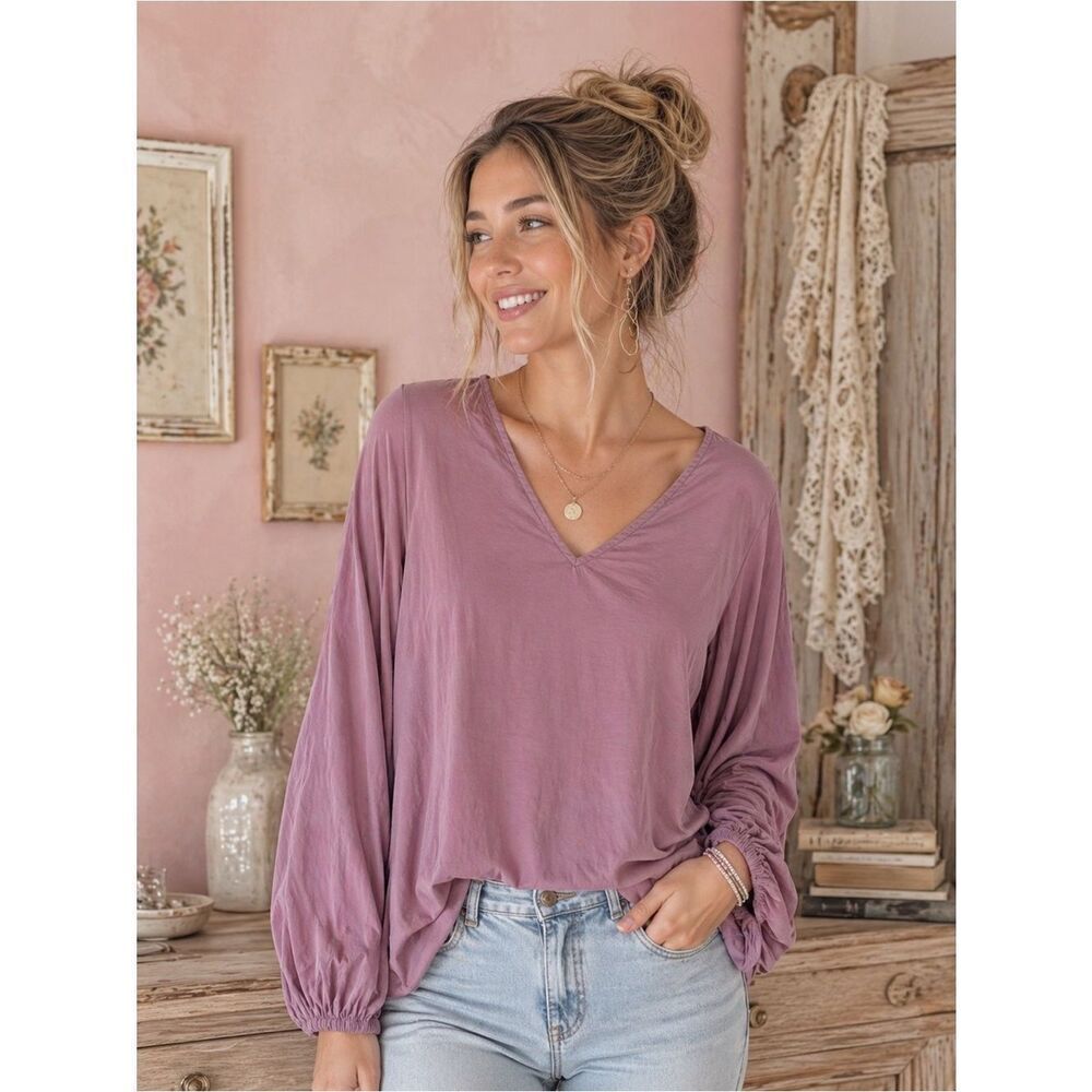 Anthropologie Mustard Seed Dusty Mauve V-Neck Long Sleeve Boho Chic Top